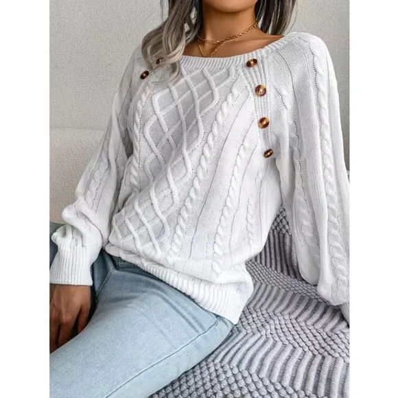 White Wide Neck Knit Pullover Sweater with Button Detail - Picture 5 of 16